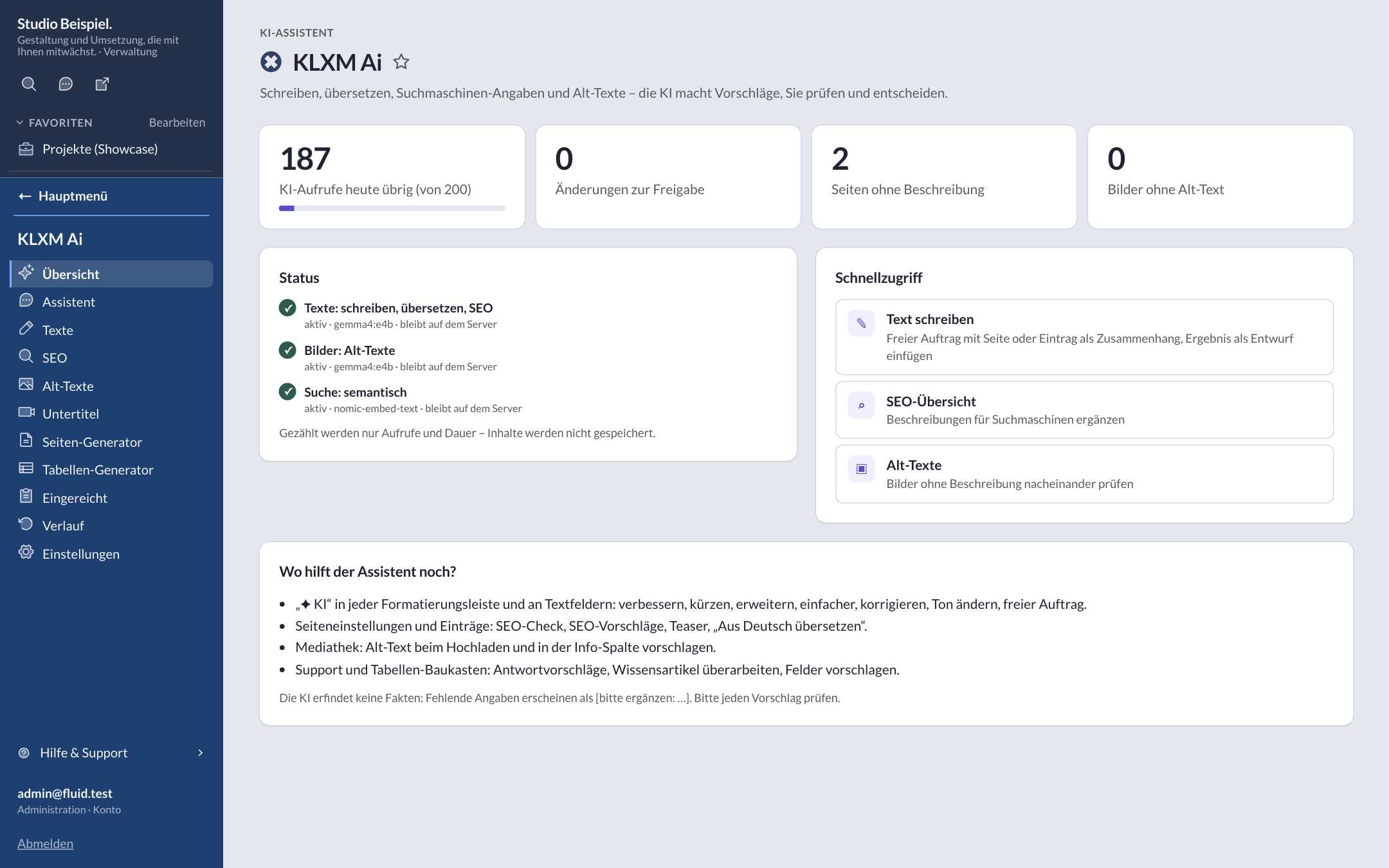 KLXM Ai in der Verwaltung von KLXM Studio: Übersicht mit Kennzahlen, Status und Schnellzugriff