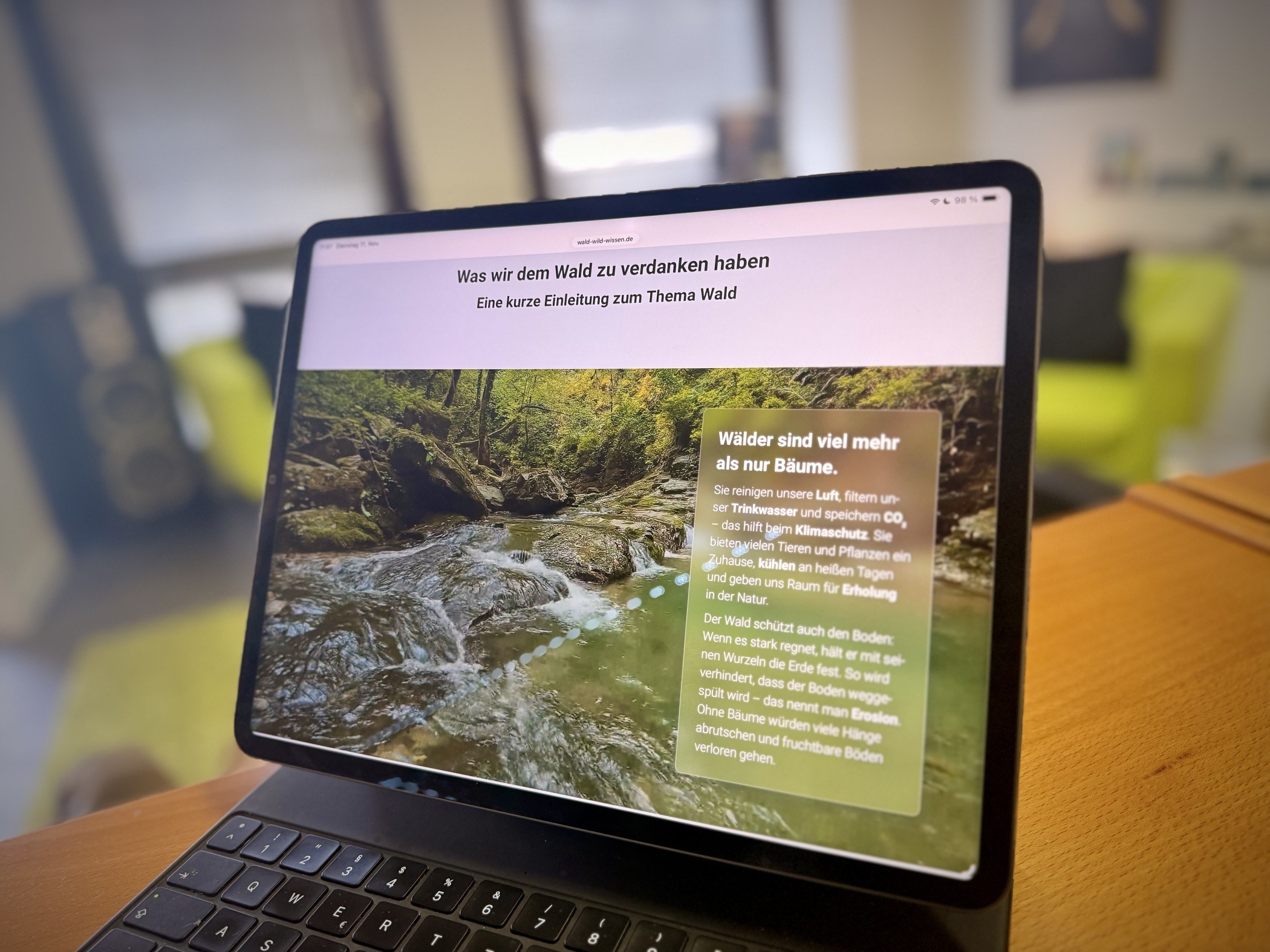 Tablet mit der Wissensplattform wald-wild-wissen.de: „Was wir dem Wald zu verdanken haben“ über einem Waldbach-Foto
