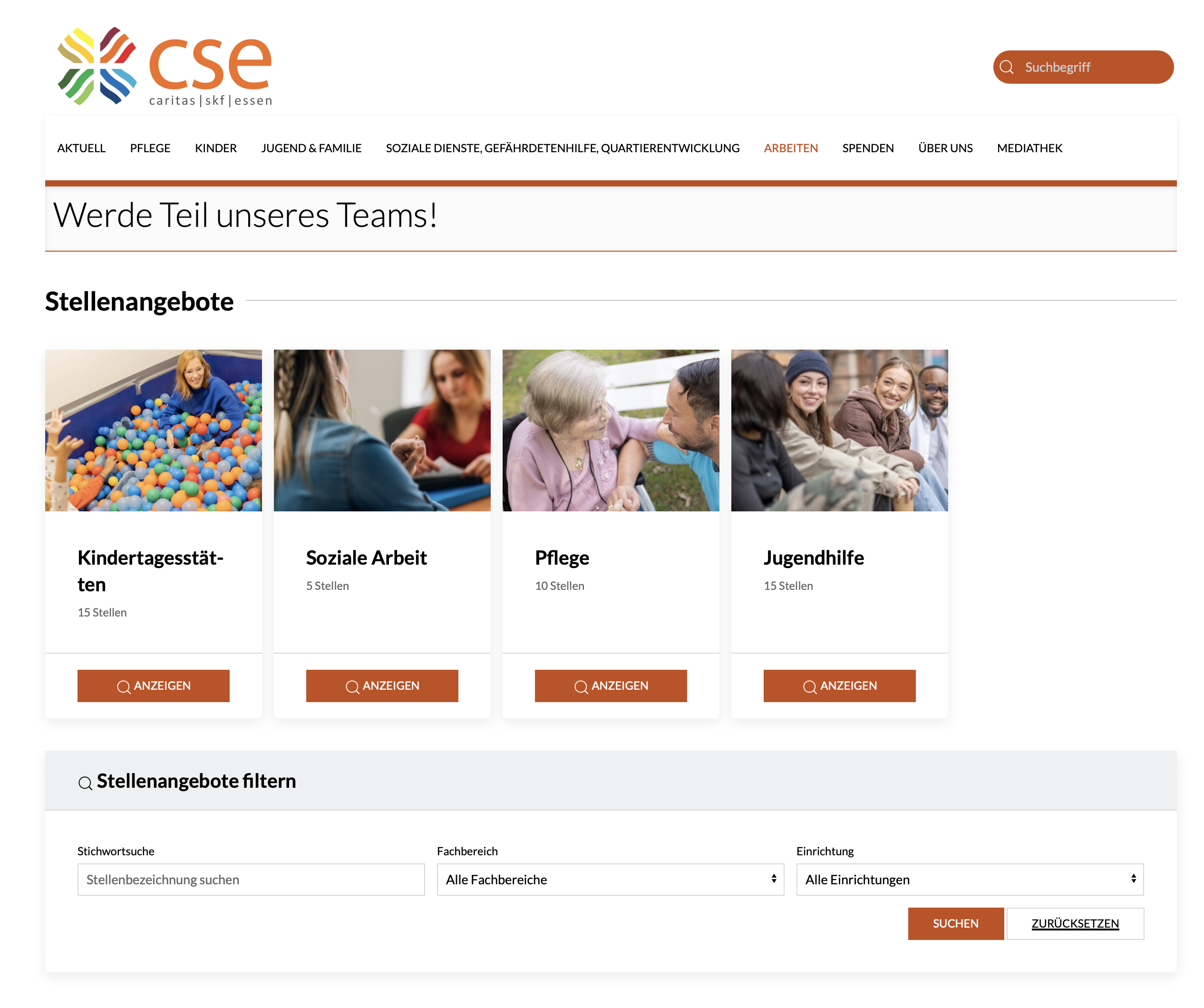 Stellenportal der Caritas-SkF-Essen (cse): „Werde Teil unseres Teams!“ mit Stellenkategorien und Filter