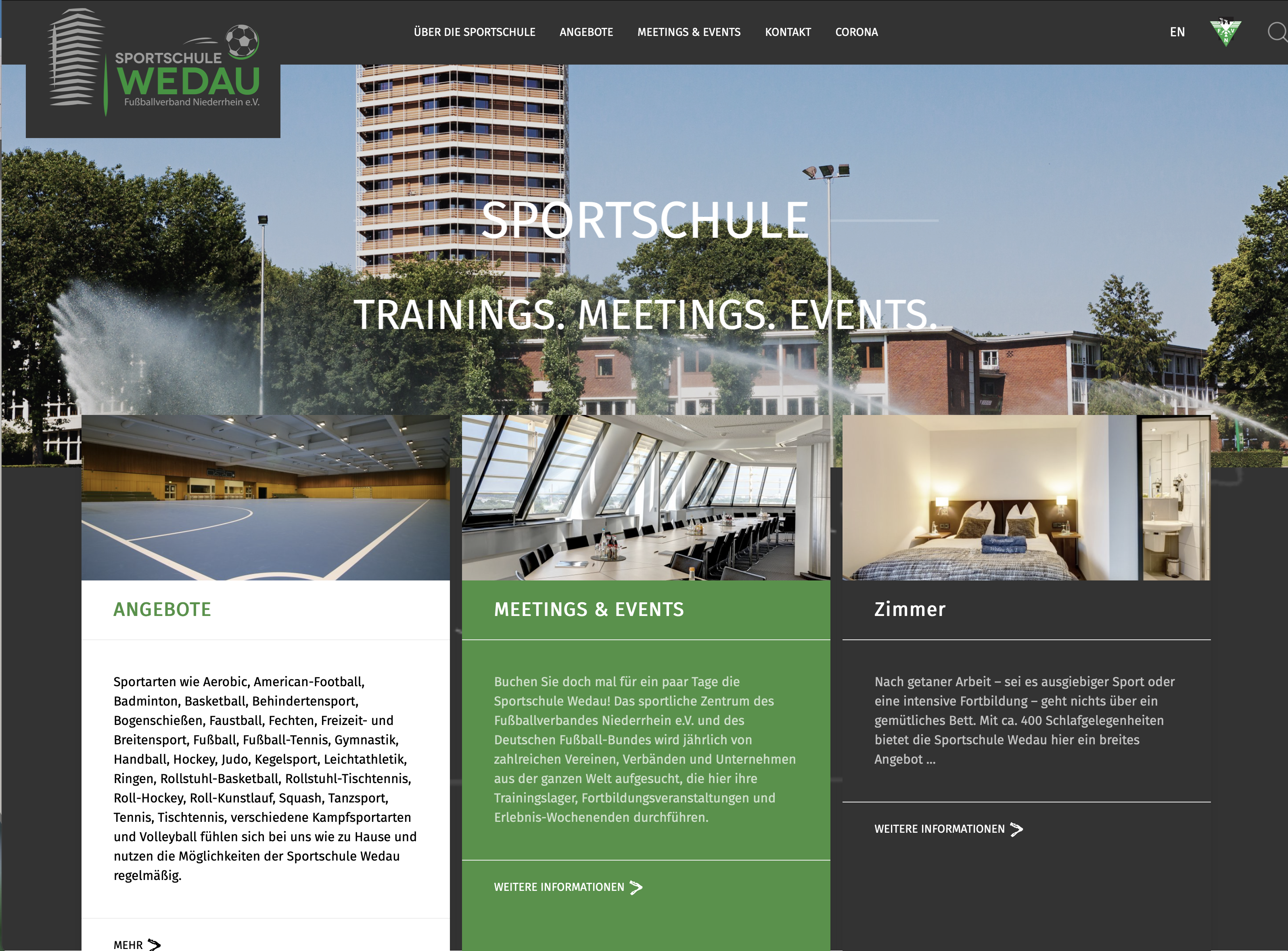 Webseite der Sportschule Wedau